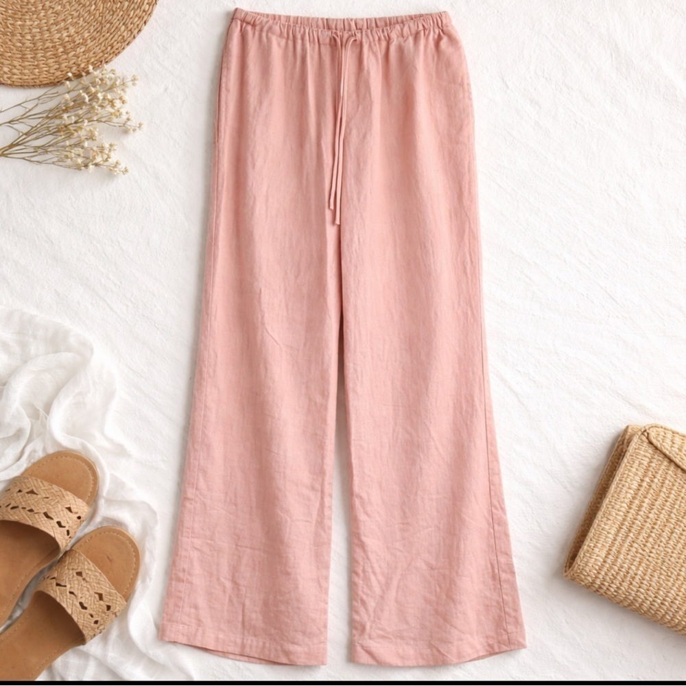MELISSA PAIGE Linen blend Washable Crop Pants Elastic Waist Wide Leg Peach XS